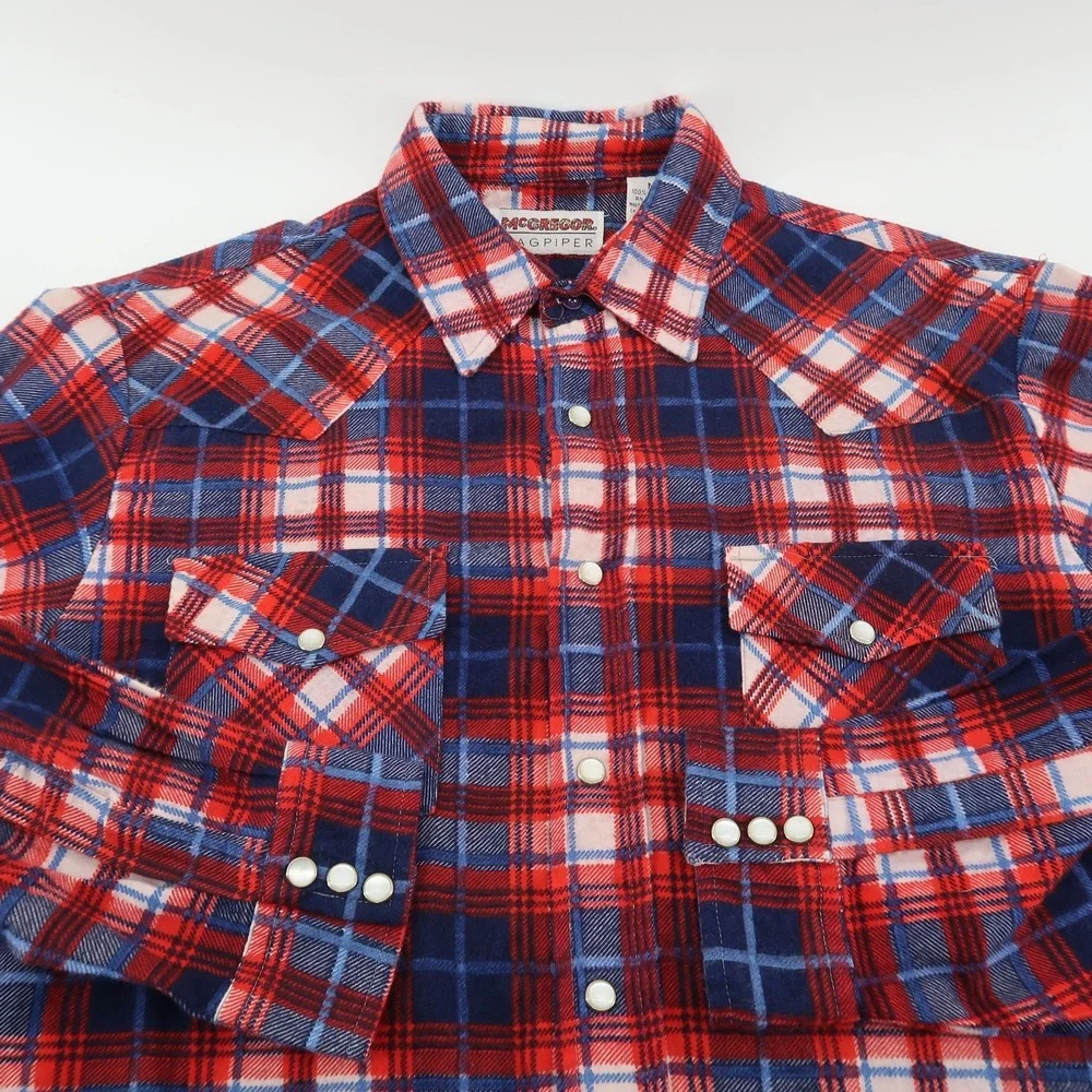Vintage McGregor Bagpiper Mens Medium Red Blue Plaid Western Pearl Snap Flannel